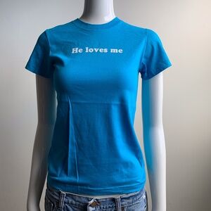 Vintage Adiqshun Orly Star He loves Me T-shirt top famous worn by Britney Paris
